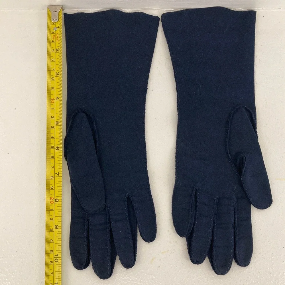 Crescendoe Vintage Navy Blue Cotton Gloves Leather Tailored Size 6.5 Mid Length